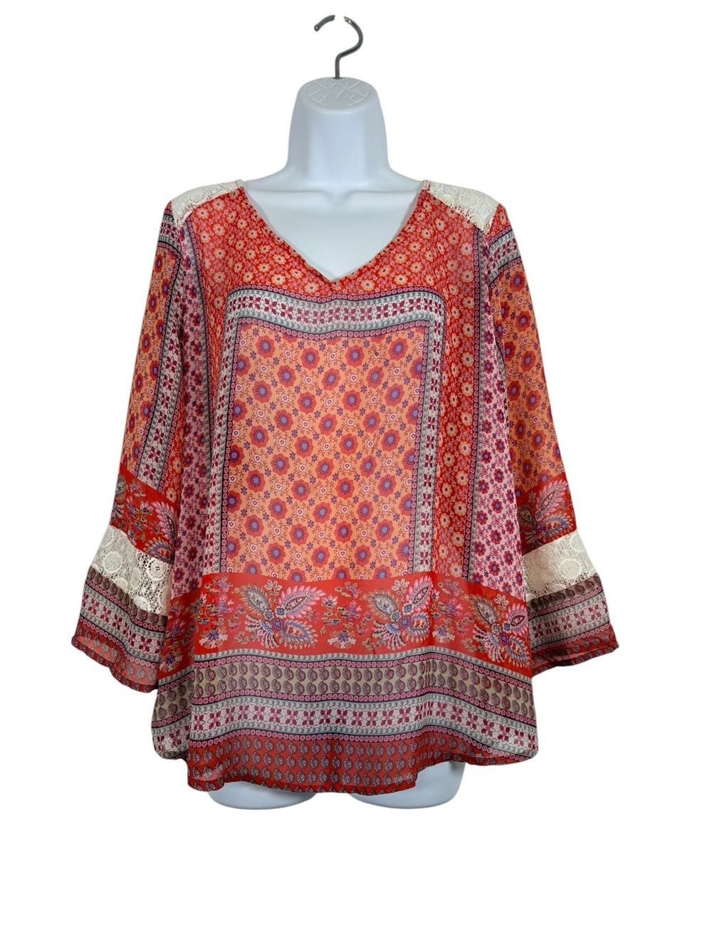 Figueroa & Flower Boho Bell Sleeve Lace Trim Mixed Print Blouse Large